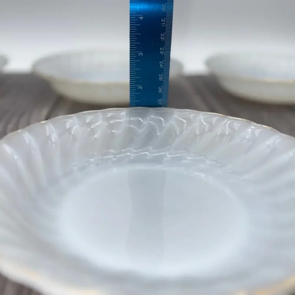 Vintage Fire King Milk Glass Swirl Bowls Gold Trim Set of 4 Anchor Hocking 7.5